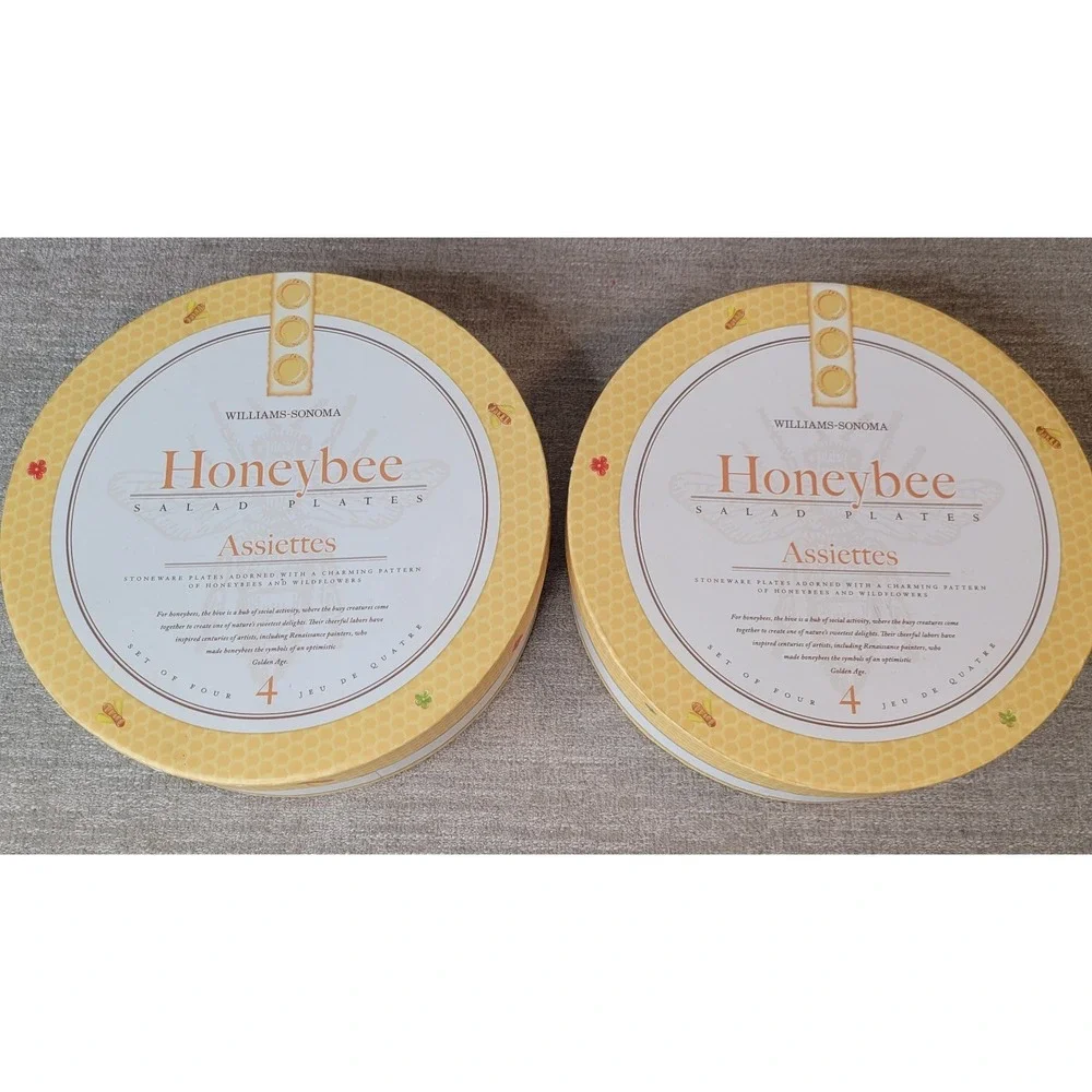 Williams Sonoma Honeybee Salad Plates Set of 4 w/ Hat Box RARE Bee Stoneware NEW